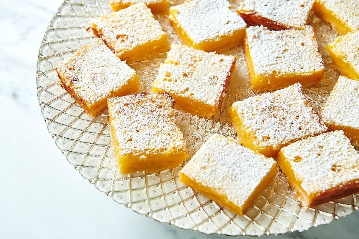 Lemon Squares on a decorated plate.