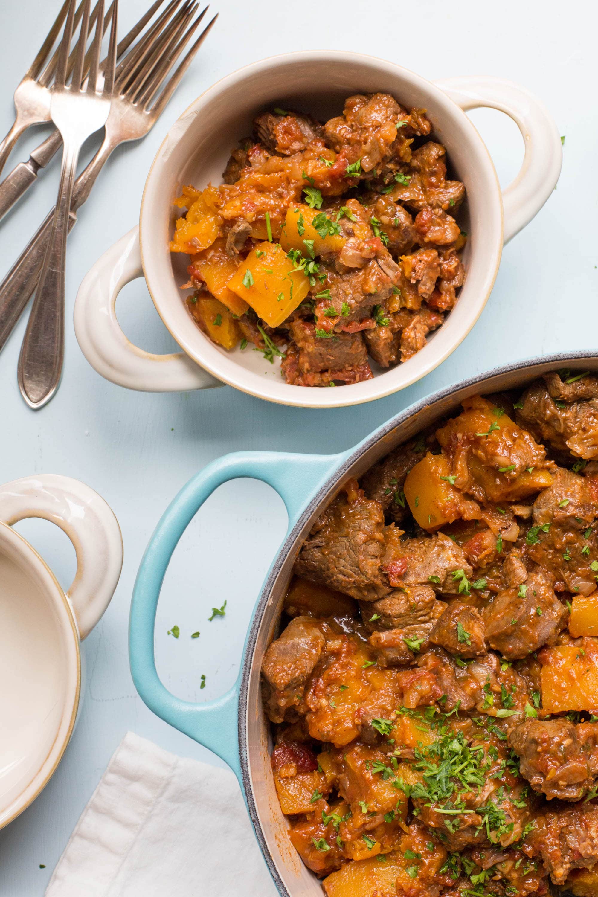 Moroccan Lamb and Butternut Squash Stew in a pot.