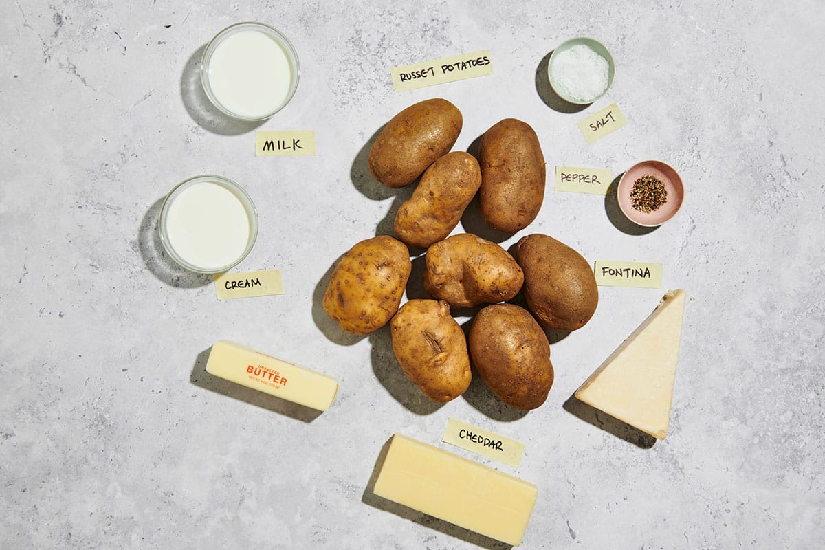 Potatoes, cheese, butter, and other mashed potato ingredients.