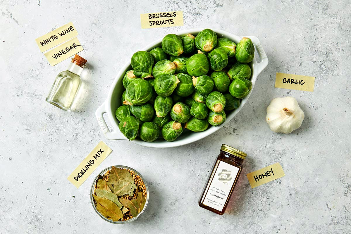 Brussels sprouts, vinegar, pickling spice, honey, and garlic on table.