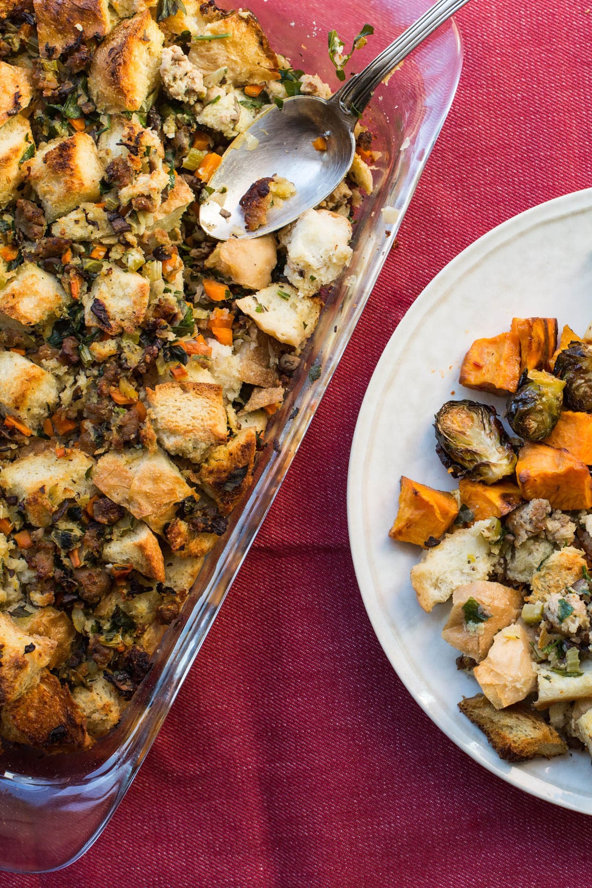 Sausage Stuffing in a baking dish and on a plate.