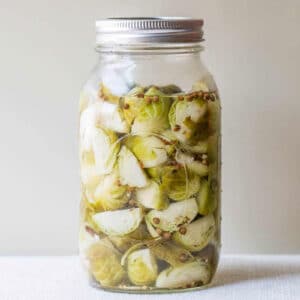 Pickled Brussels sprouts in Mason jar on table.
