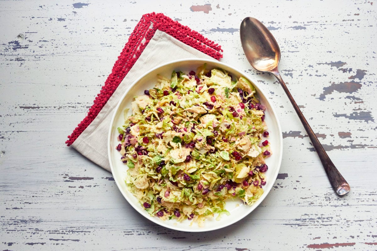 Brussels Sprouts, Apple, and Pomegranate Slaw Salad