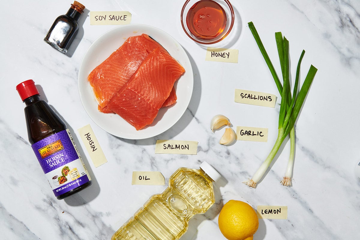 Raw salmon, hoisin sauce, scallions, and other ingredients on marble counter.