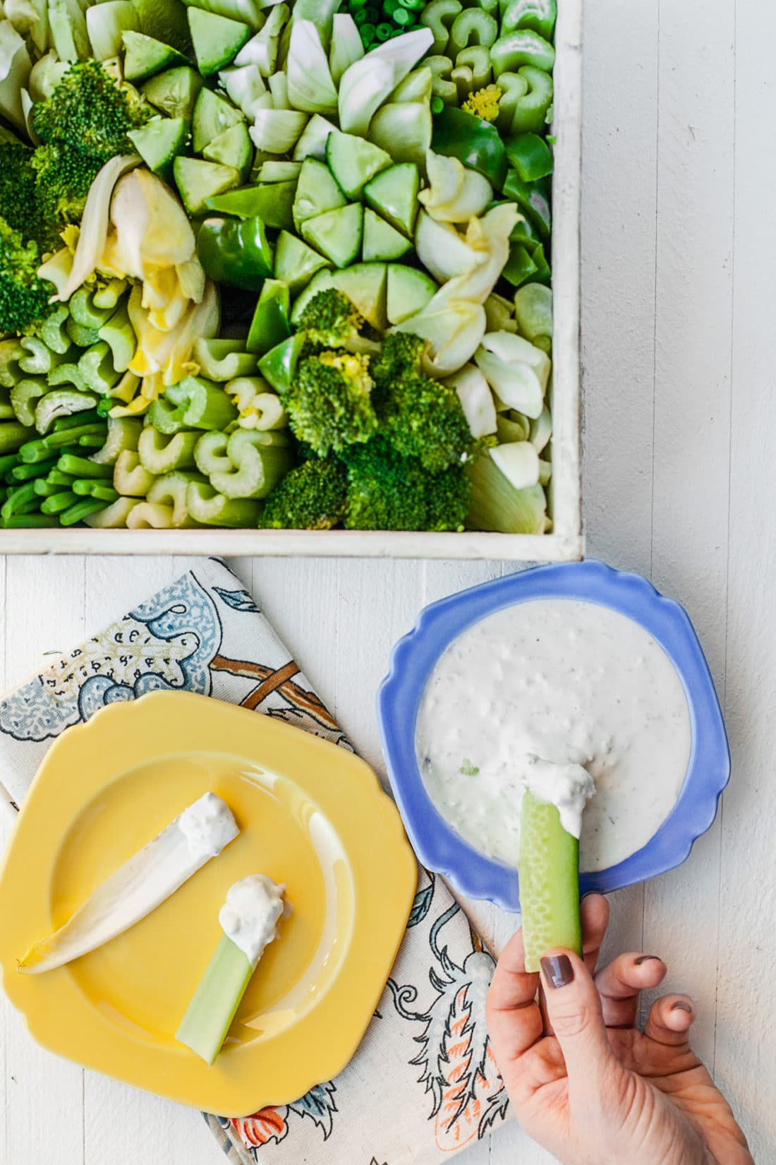 All-Green Crudités Basket with bowl of blue cheese dip.