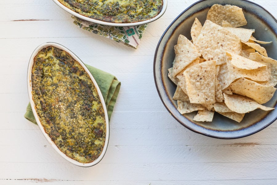 Chips with Hot, Creamy Spinach and Goat Cheese Dip.