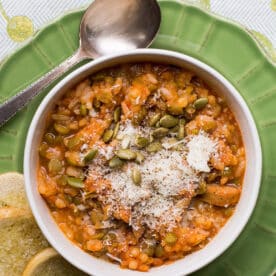 Leek, Chicken Sausage and Split Pea Soup in bowl on table.