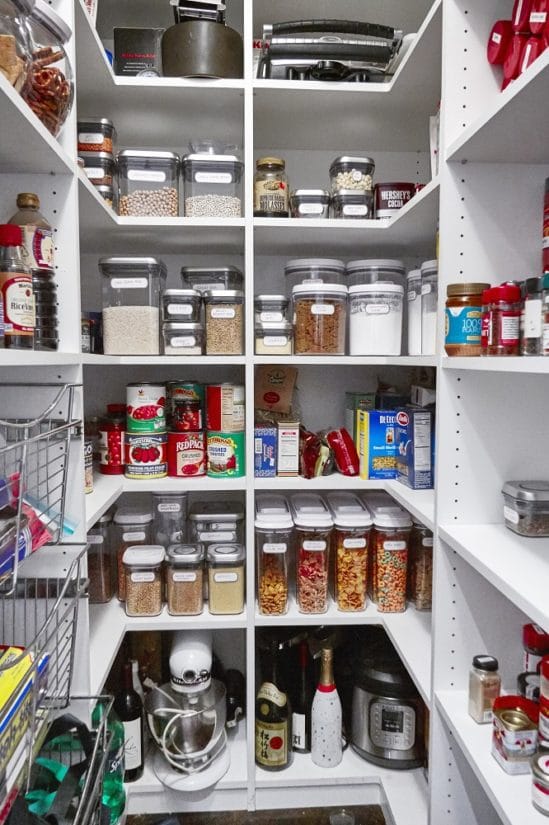 Pantry filled with labeled ingredients.
