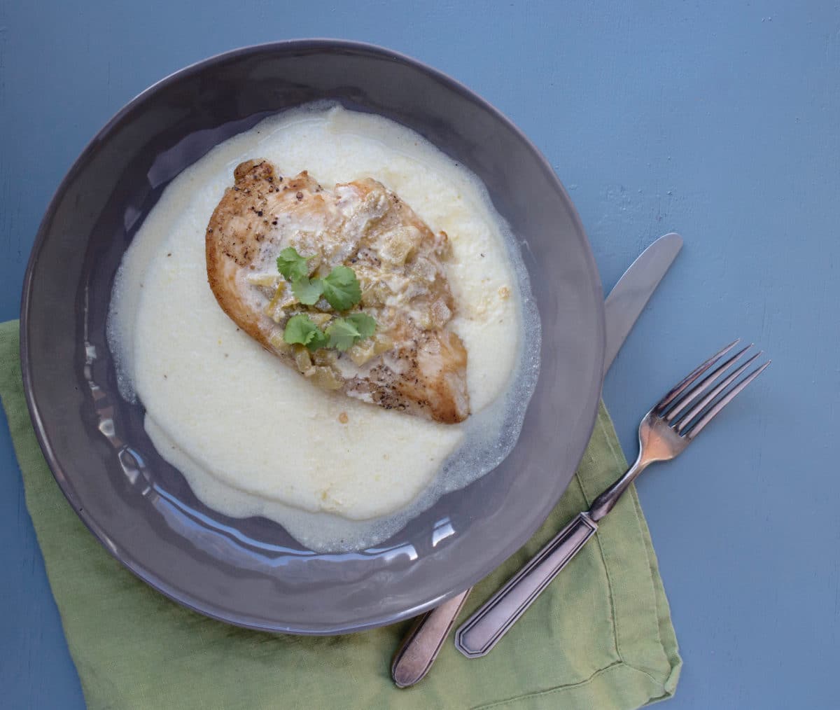 Grits with Chicken and Creamy Green Chili Pan Sauce / Lucy Beni / Katie Workman / themom100.com