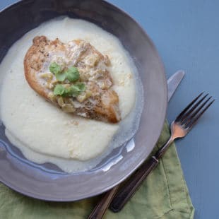 Grits with Chicken and Tomatillo Green Chili and Sour Cream Pan Sauce / Lucy Beni / Katie Workman / themom100.com