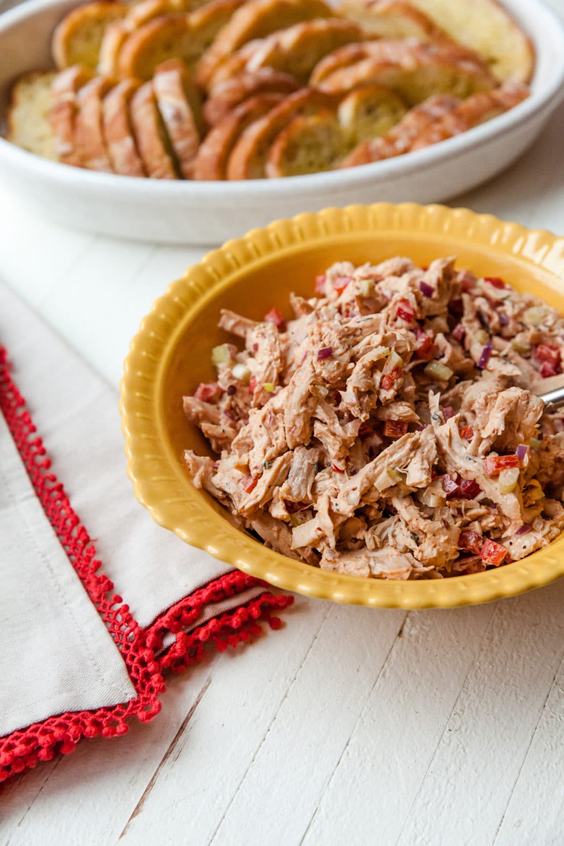 Yellow bowl of Smoky Chipotle Chicken Salad.