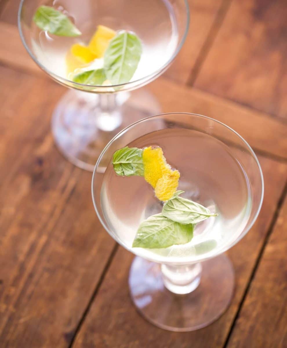 Basil ginger lemon saketini in long-stemmed glasses.