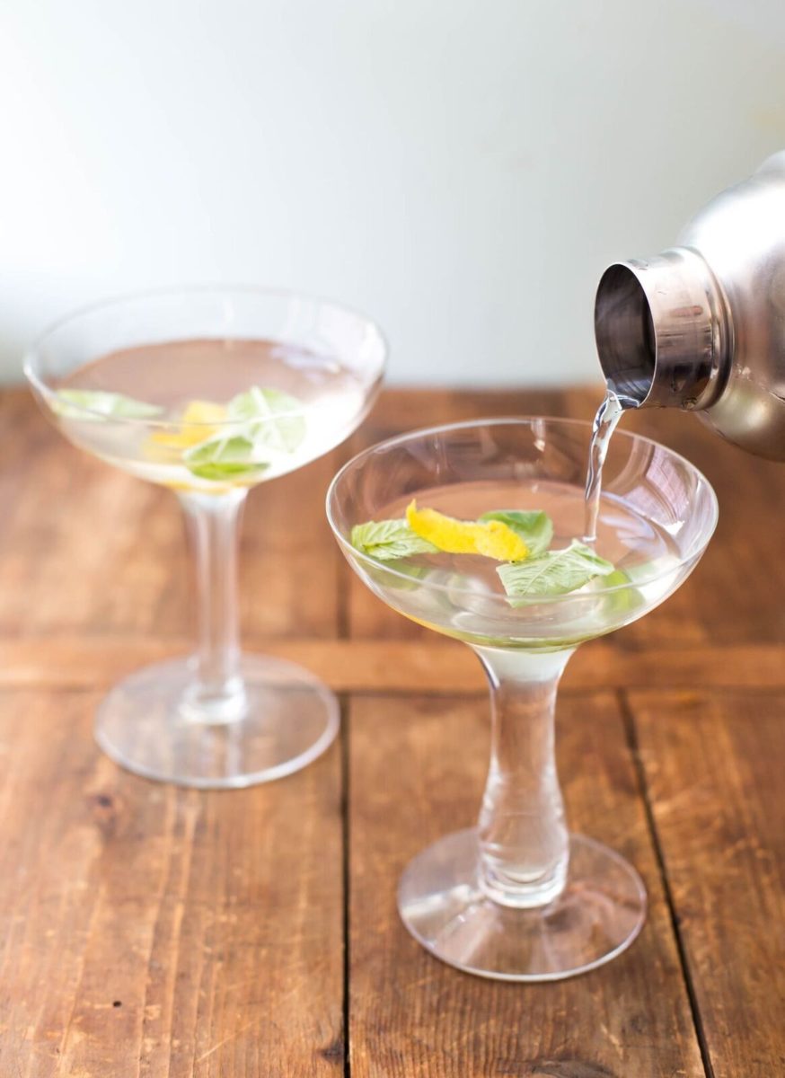 Basil Ginger Lemon Saketini in coupe glasses