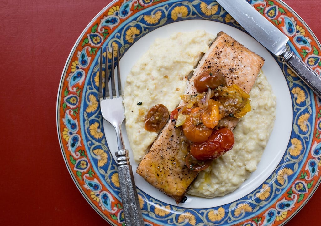 Salmon with Polenta and Warm Tomato Vinaigrette / Sarah Crowder / Katie Workman / themom100.com