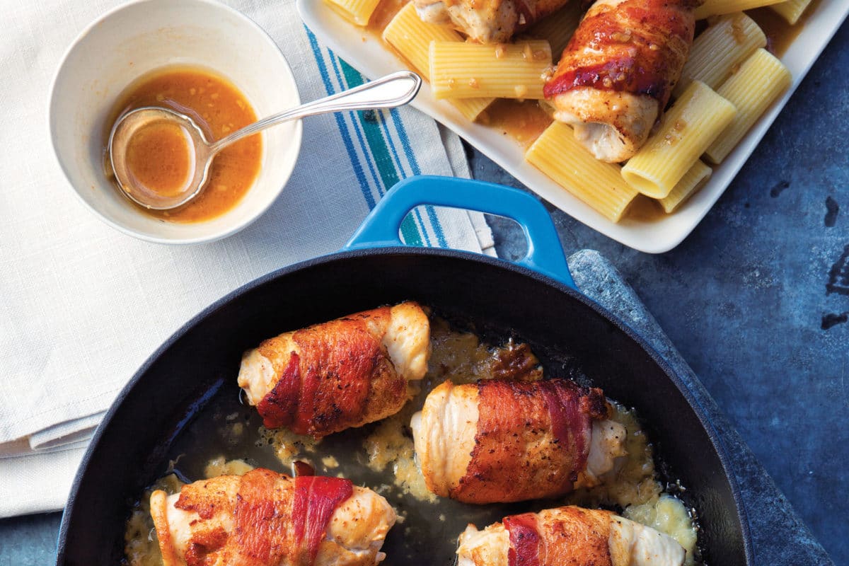 Bacon, Sage, and Provolone Chicken Rolls with Marsala Sauce