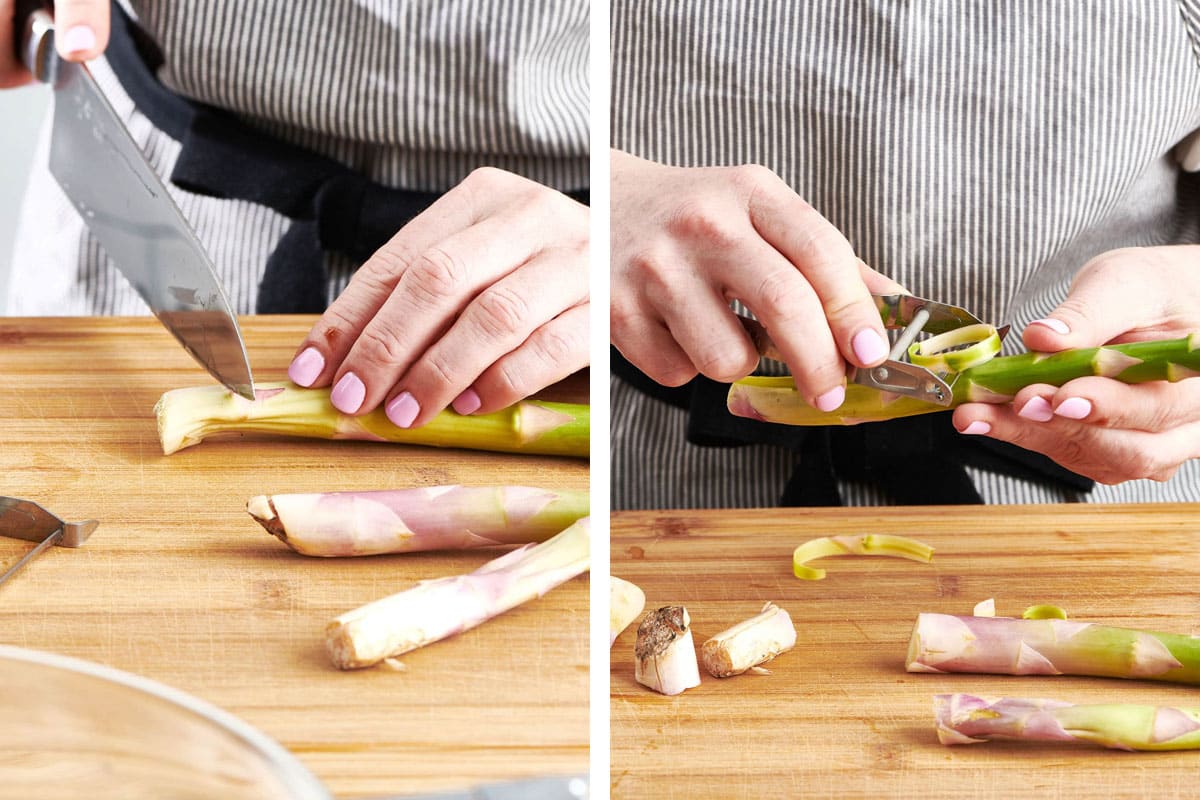 Woman cutting and peeling fresh asparagus stalks.