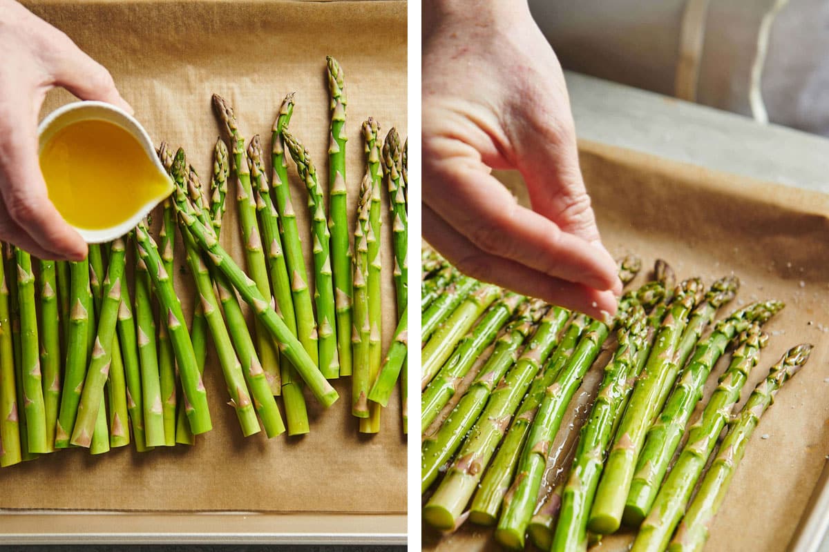Adding olive oil and salt over fresh asparagus on baking pan.