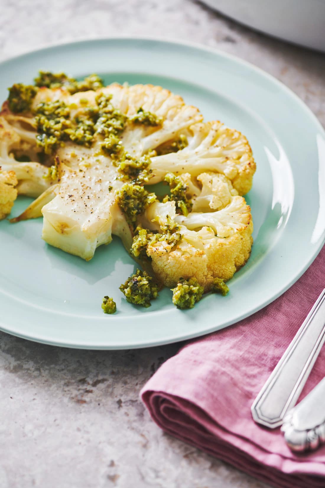 Tapenade on a Roasted Cauliflower Steak.