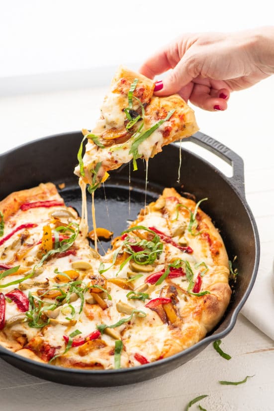 Fontina and Havarti Cast Iron Pan Pizza / Cheyenne Cohen / Katie Workman / themom100.com