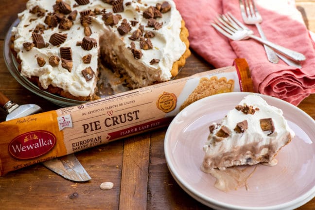 Slice of Ice Cream Pie next to a container of Wewalka pie crust.