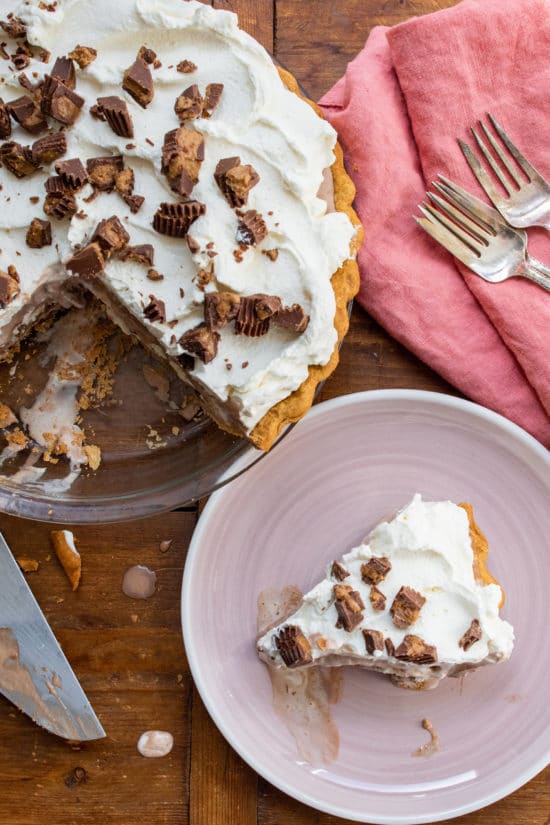 Slice of Ice Cream Pie on a plate next to the rest of the pie.