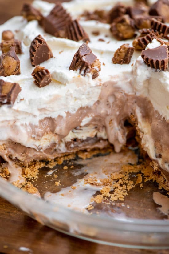 Chocolate Peanut Butter Ice Cream Pie missing a slice.