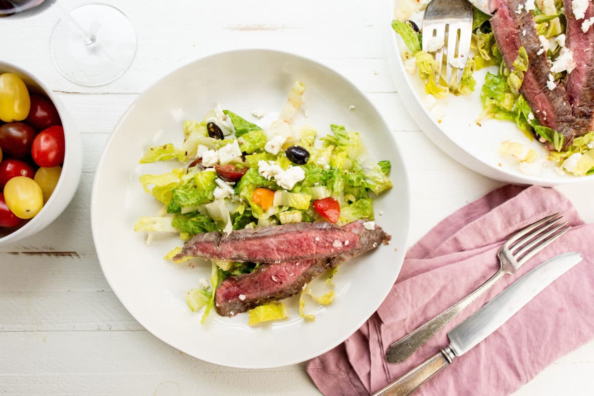 Plate of Greek Salad with Flank Steak.