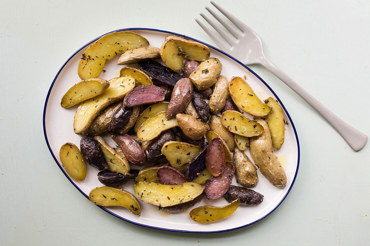 Herb Roasted Fingerling Potatoes on serving platter.