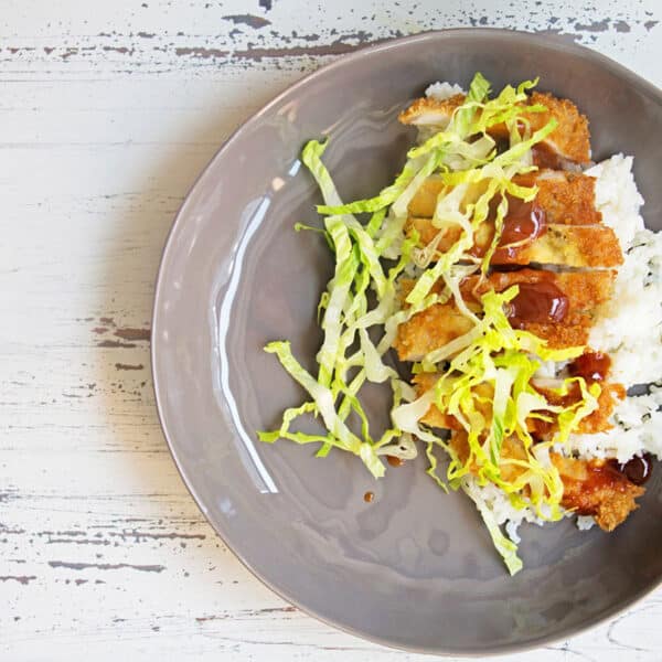 Tonkatsu-Style Cutlets on plate with rice.