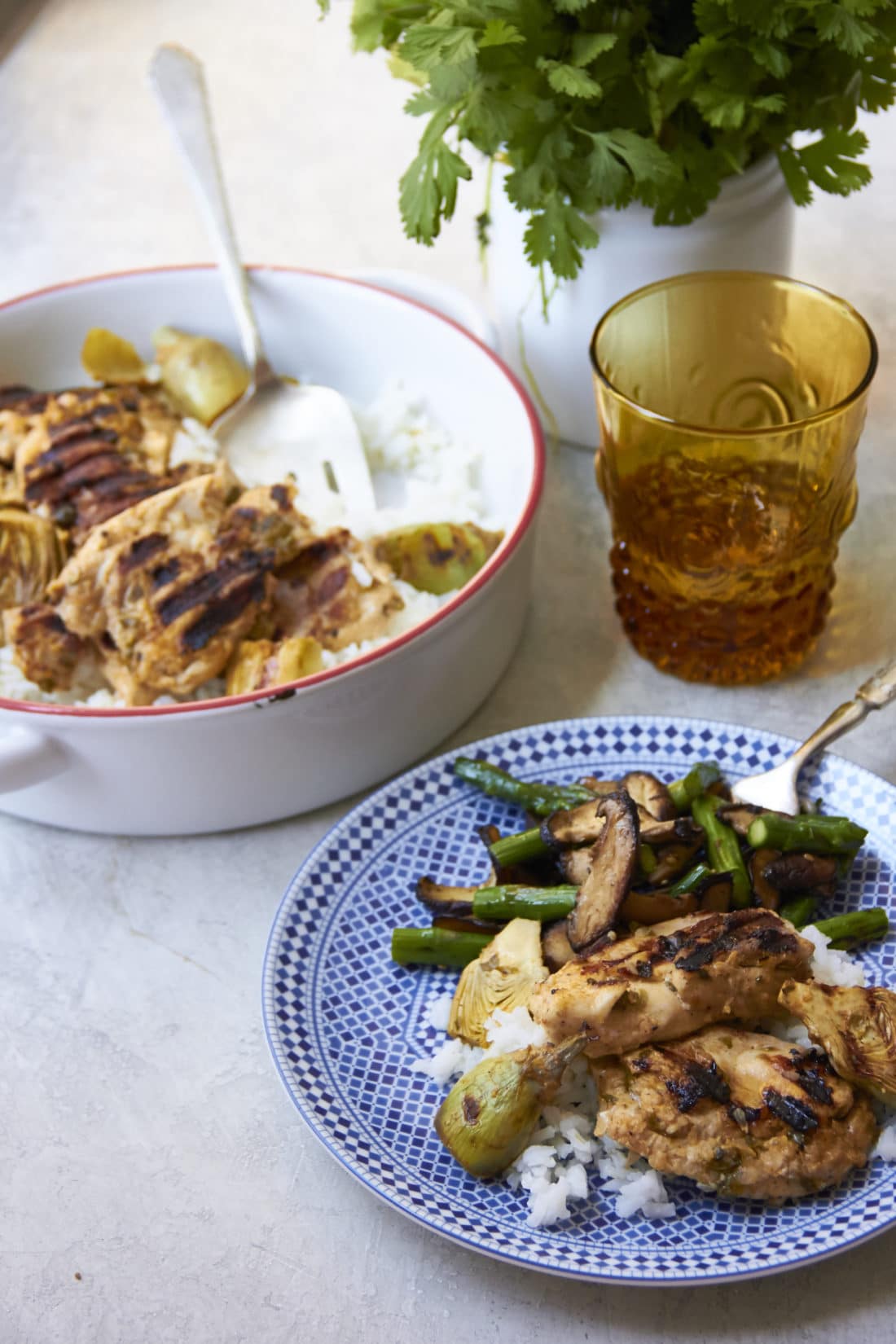 Grilled Lemony Chicken and Baby Artichokes