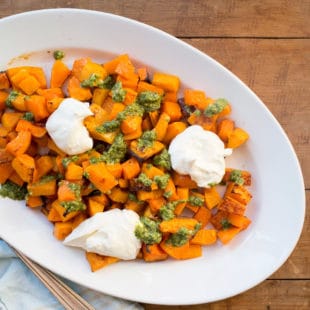 Roasted Squash with Salsa Verde and Whipped Feta and Ricotta / Photo by Lucy Beni / Katie Workman / themom100.com