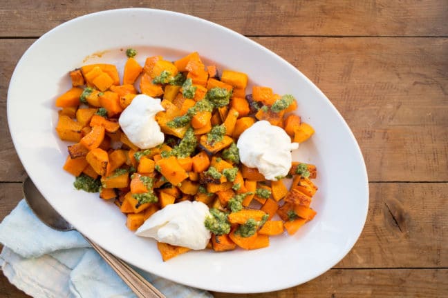 Roasted Squash with Salsa Verde and Whipped Feta and Ricotta / Photo by Lucy Beni / Katie Workman / themom100.com