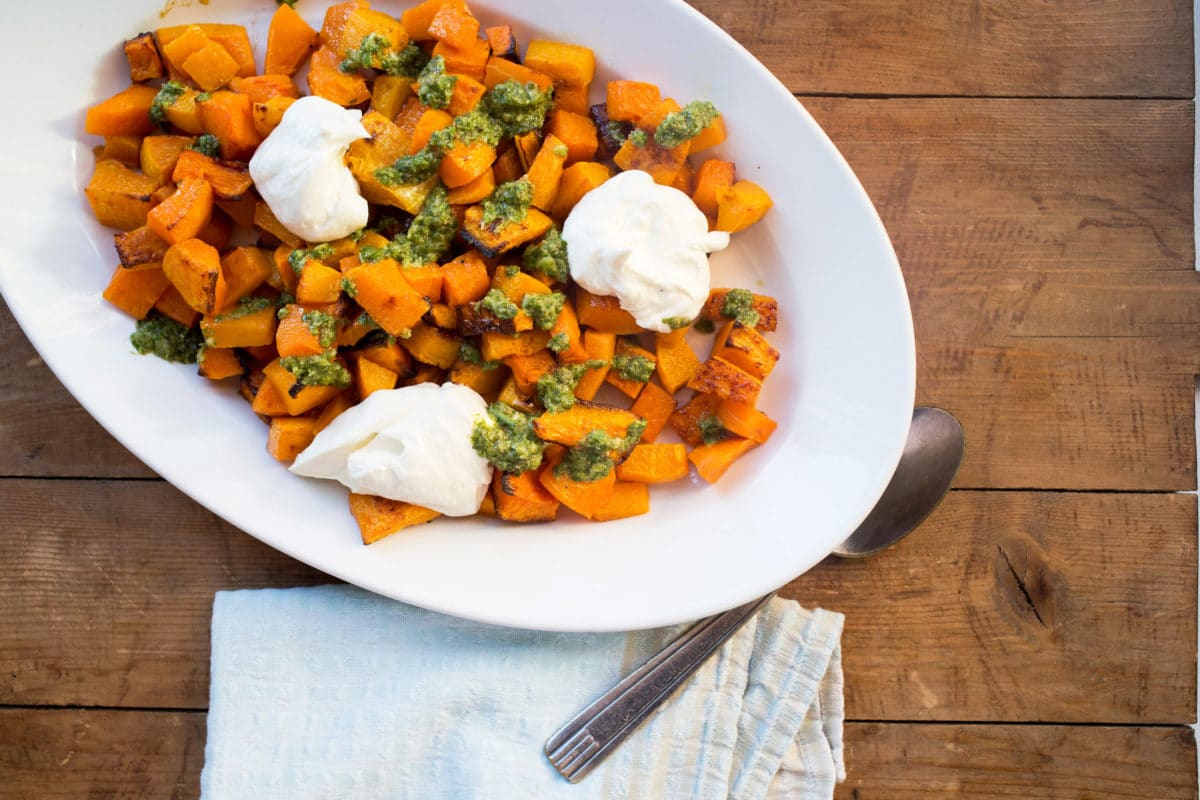 Roasted Squash with Salsa Verde and Whipped Feta and Ricotta