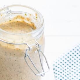 Jar filled with Roasted Red Pepper Basil Mayonnaise.