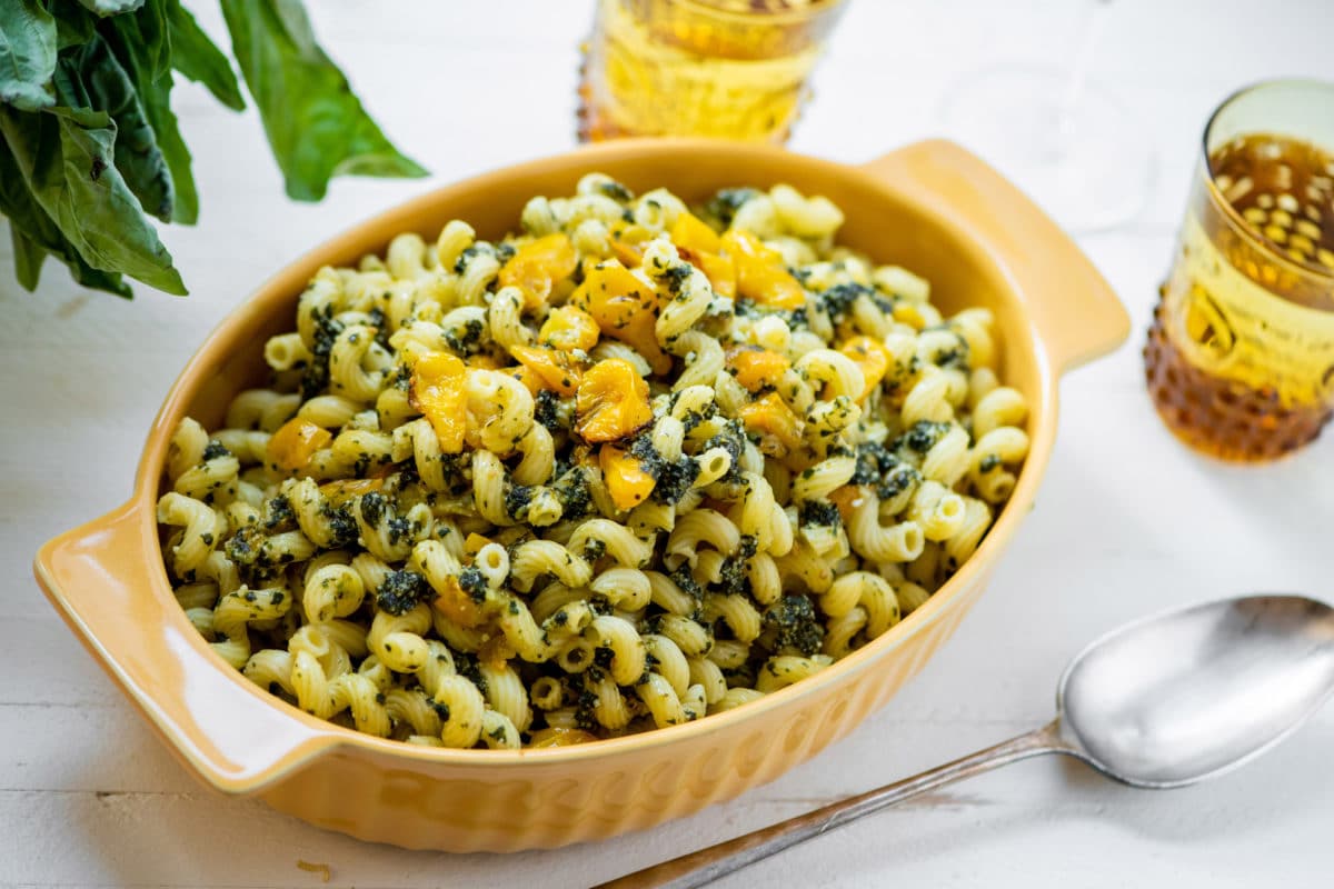 Cavatappi with Roasted Cherry Tomatoes and Pesto / Katie Workman / themom100.com / Photo by Cheyenne Cohen