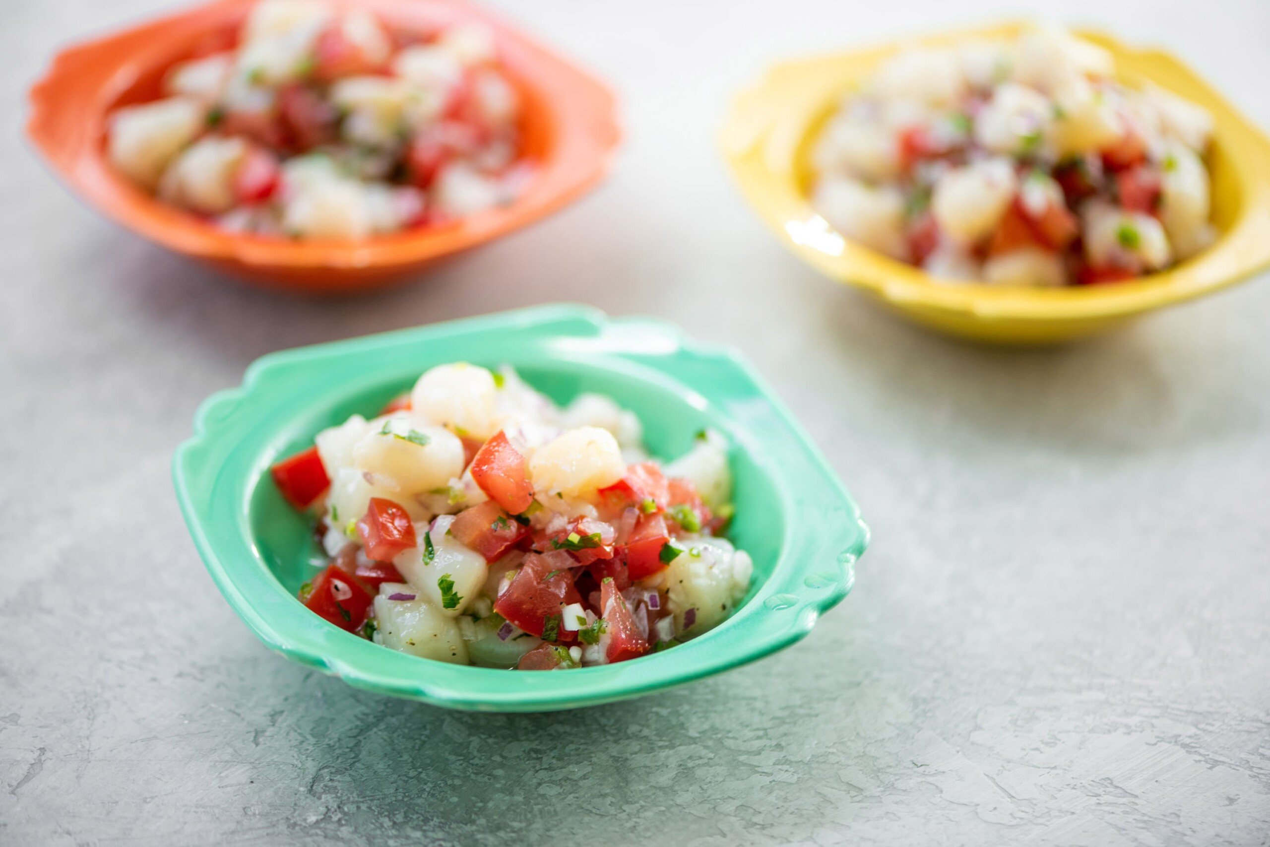 Scallop Ceviche in colorful bowls on table.