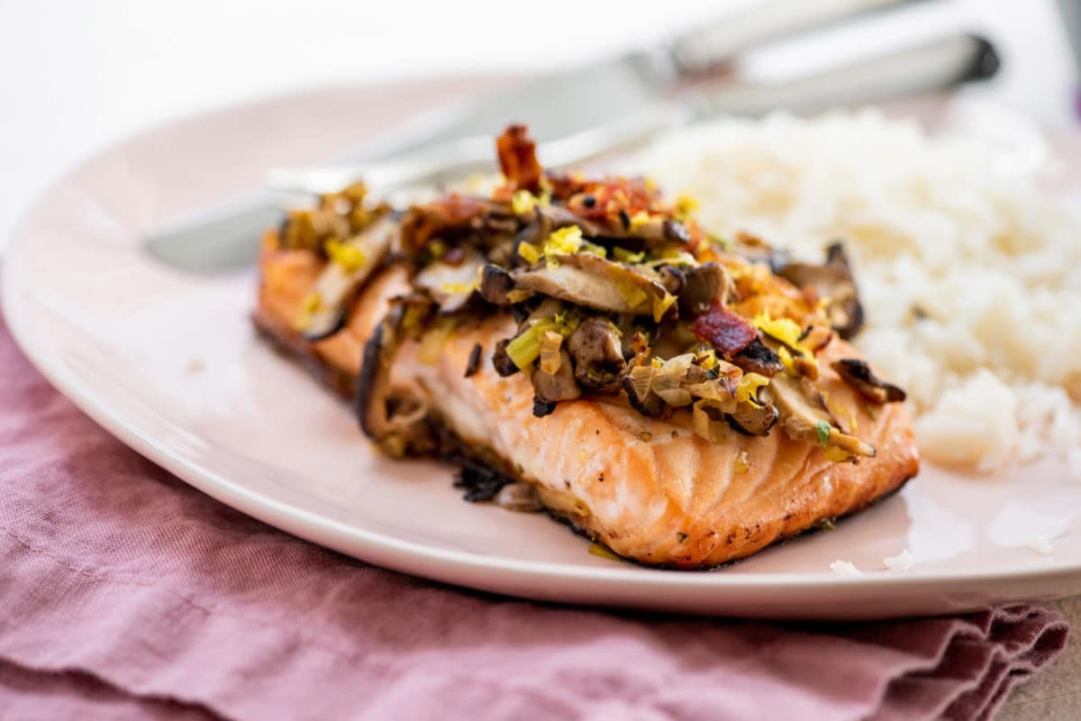 Orange Salmon with Leeks and Mushrooms / Katie Workman / themom100.com / Photo by Cheyenne Cohen