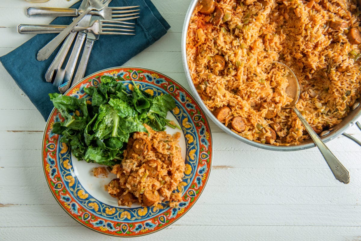 Shortcut Chicken and Andouille Jambalaya / Katie Workman / themom100.com / Photo by Cheyenne Cohen