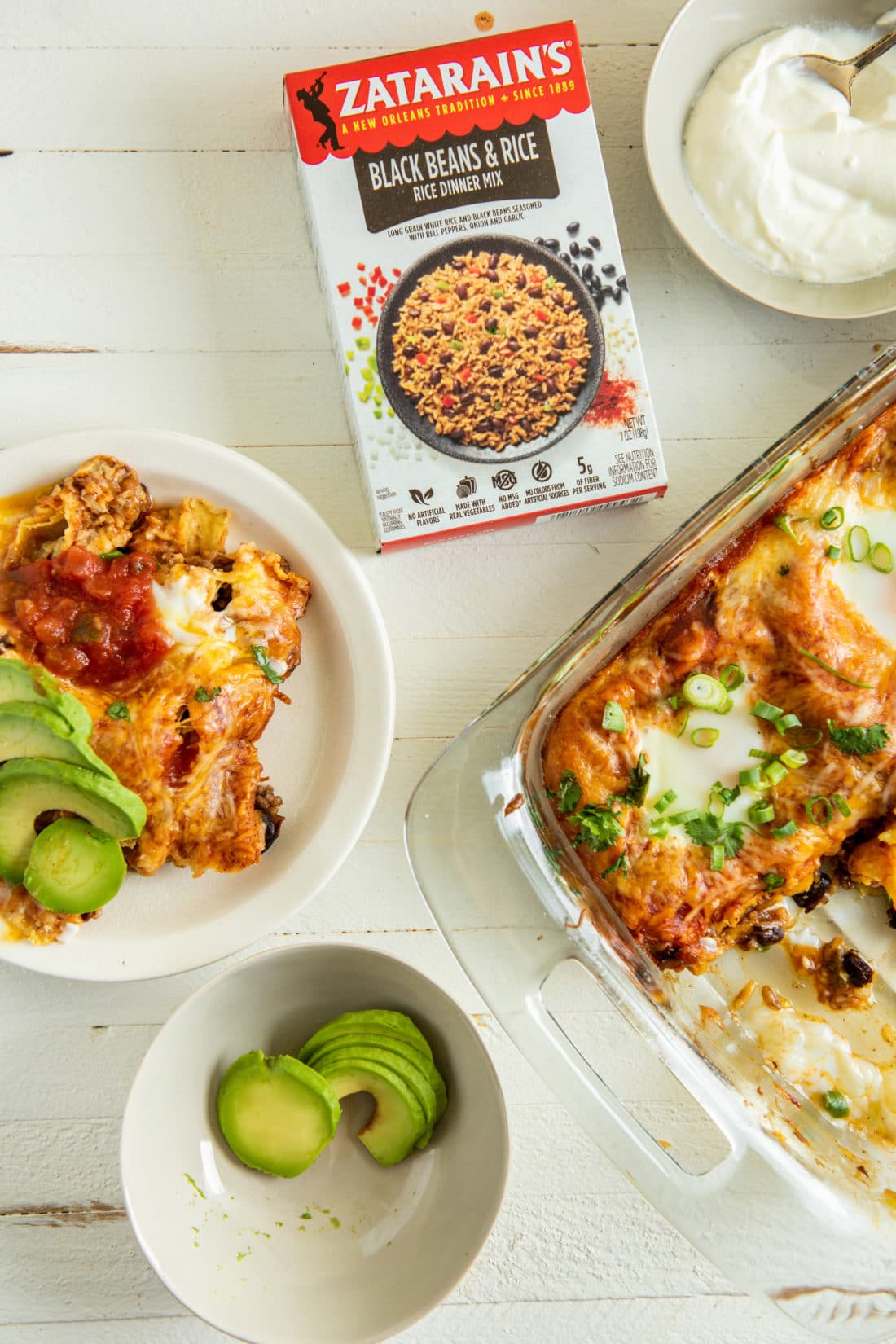 Huevos Rancheros Breakfast Casserole on a plate and in a baking dish.