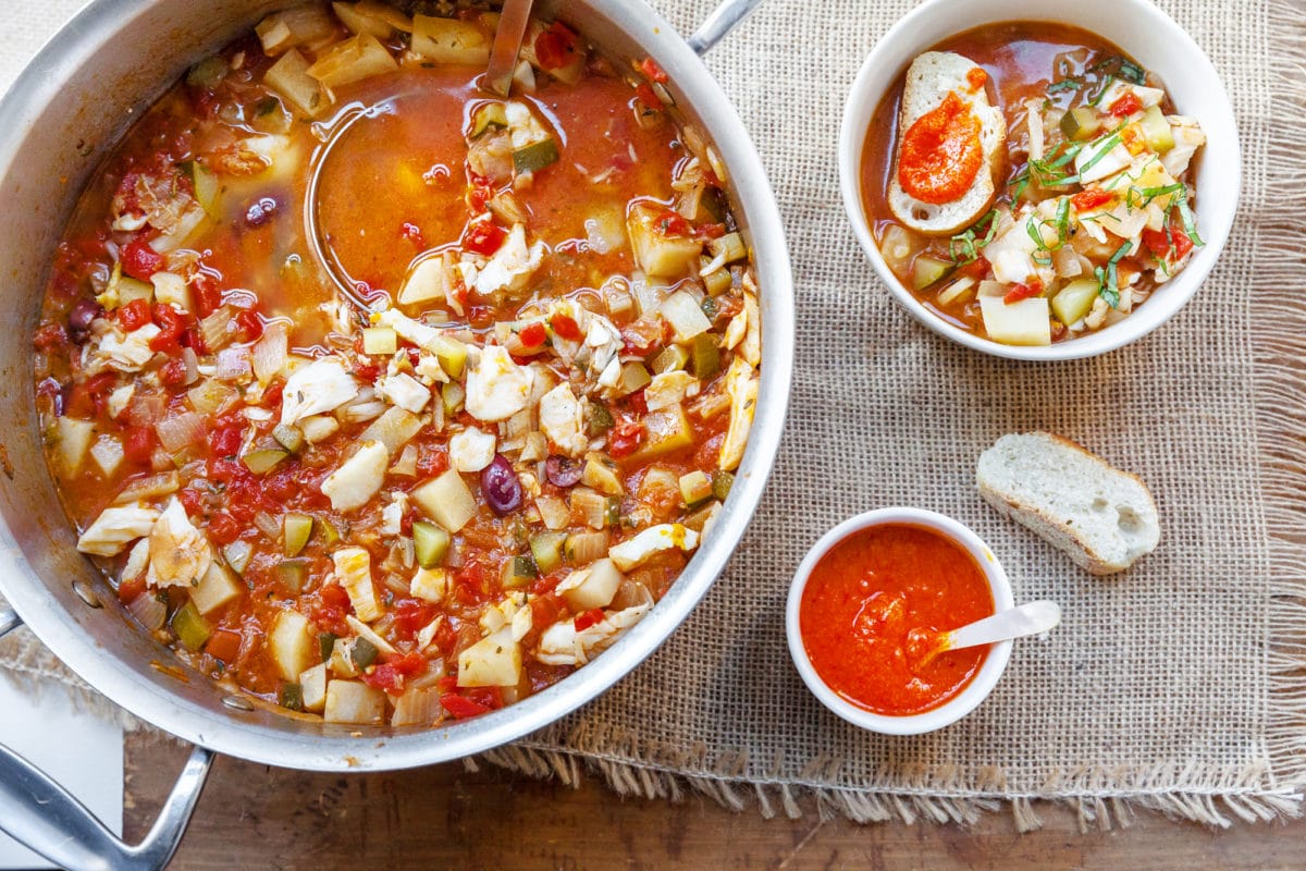 Provencal Fish Stew with Pimento Pepper Rouille / Katie Workman / themom100.com / Photo by Carrie Crow