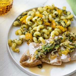 Chicken breasts covered in pan sauce on plate with pasta salad.