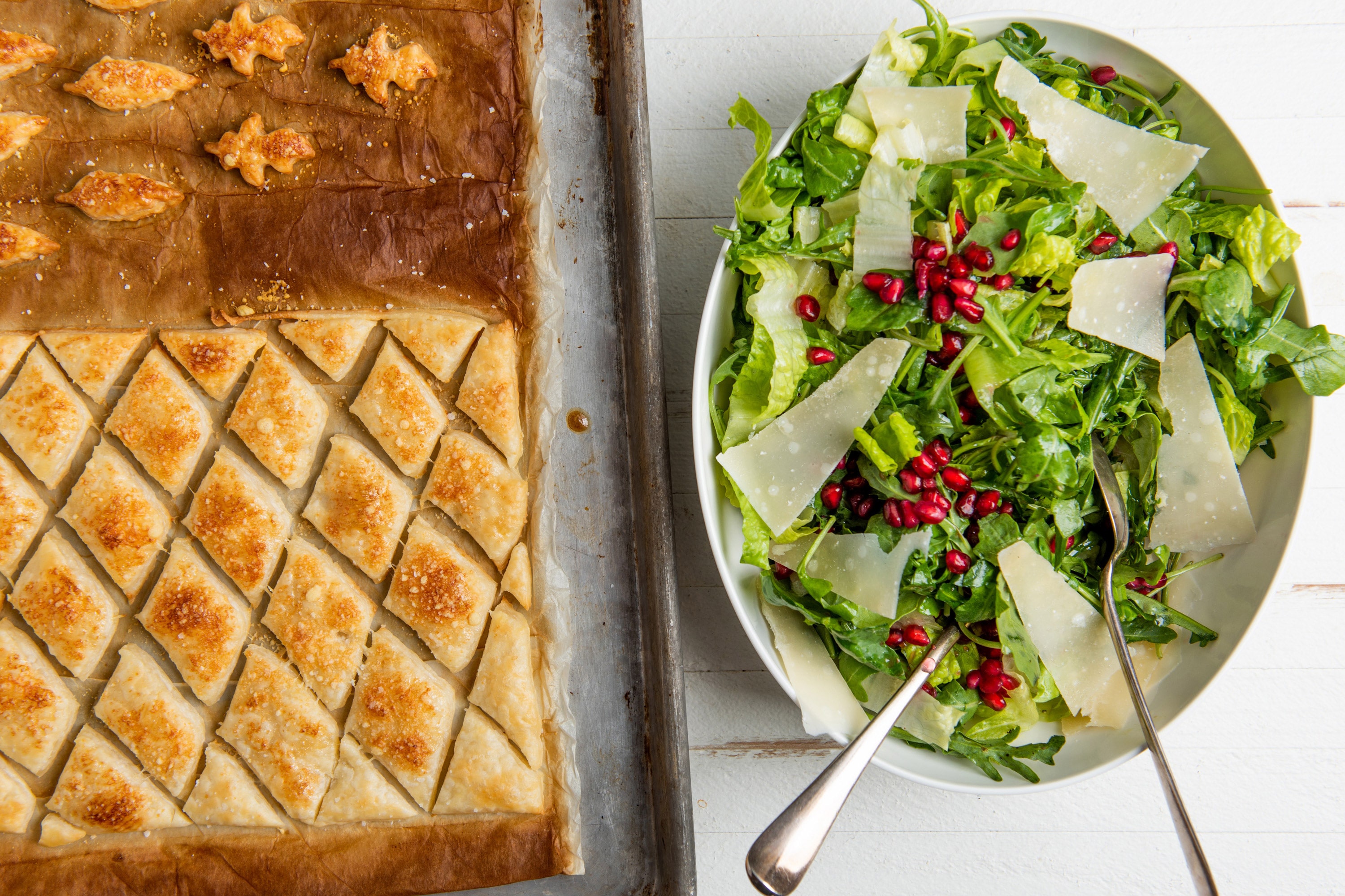 Green Salad with Pears, Parmesan and Pomegranate Seeds and Puff Pastry Croutons