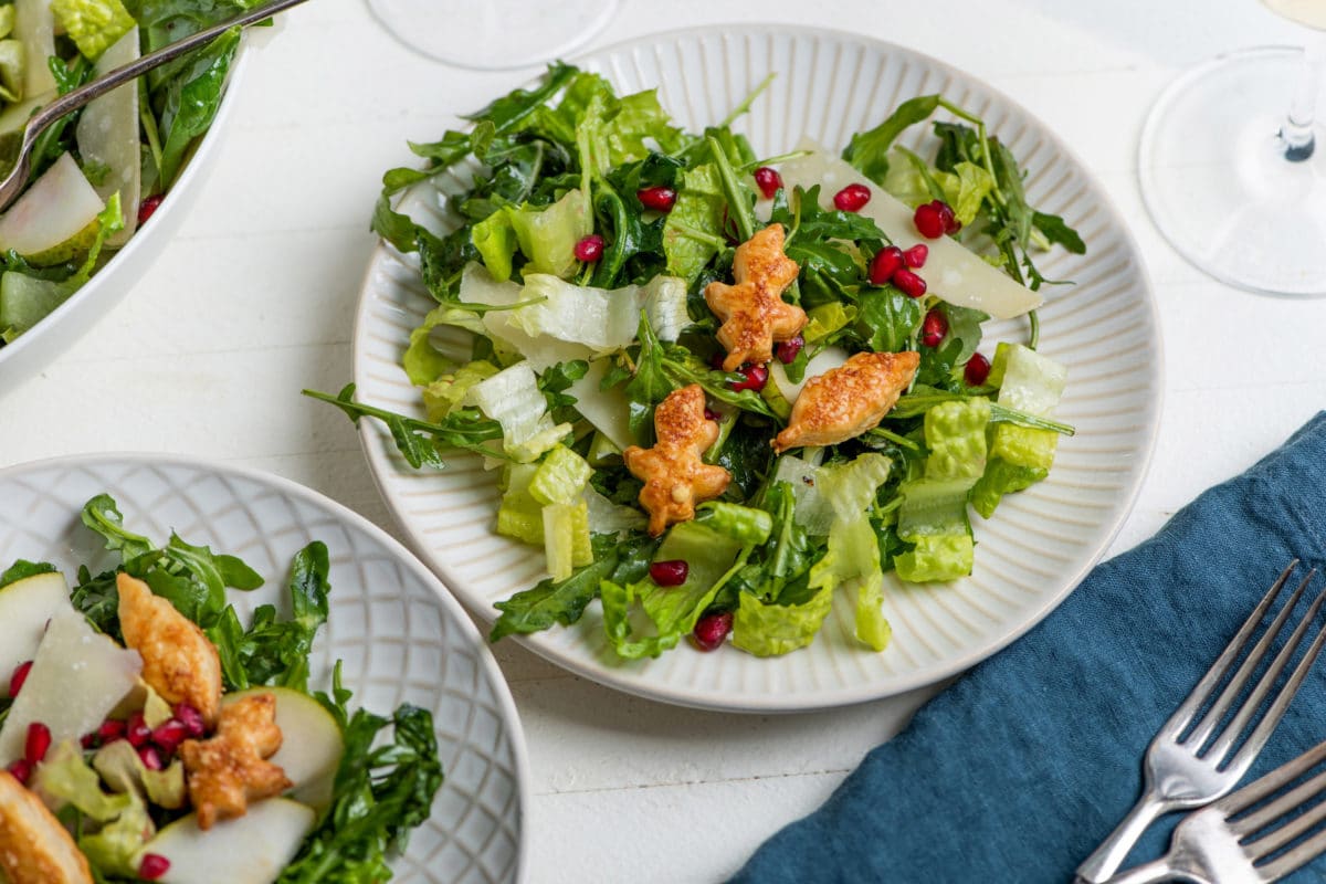 Green Salad with Pears, Parmesan and Pomegranate Seeds / Katie Workman / themom100.com / Photo by Cheyenne Cohen