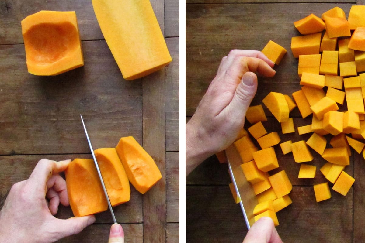 Cutting butternut squash into cubes with knife.