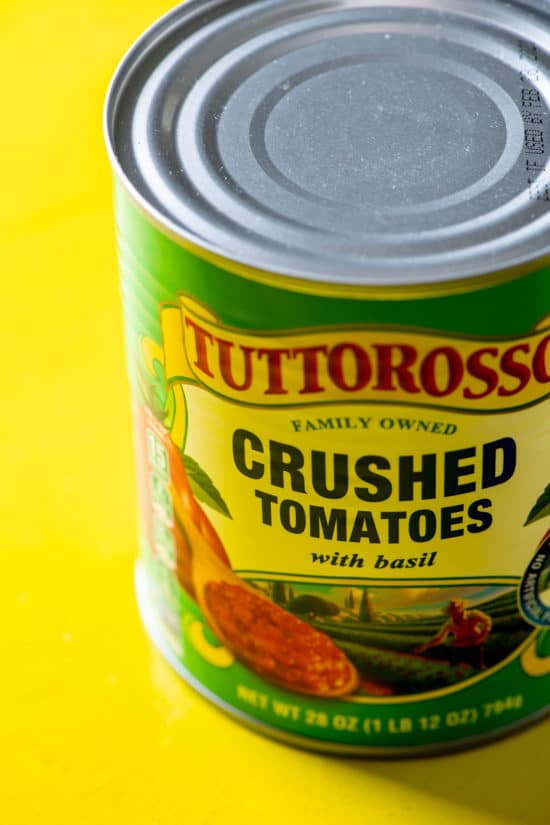 Can of Tuttorosso Crushed Tomatoes with basil.