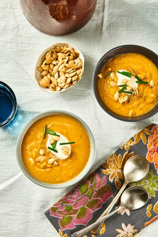 Two bowls of Roasted Butternut Squash Soup.