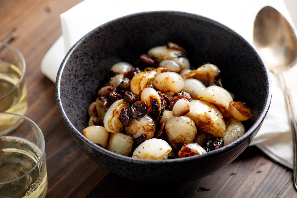 Braised Cipollini Onions with Dried Cherries