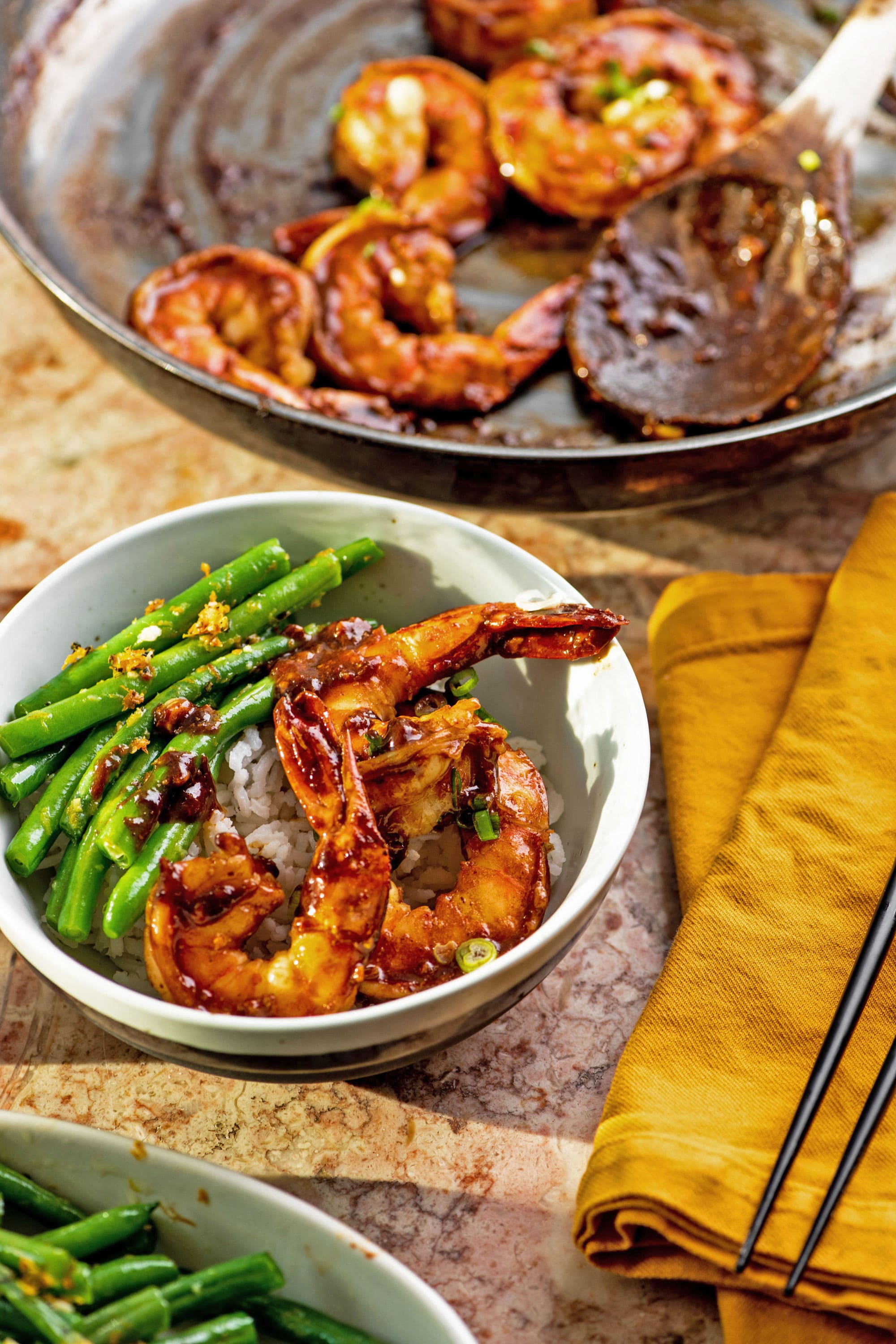 Green beans, rice, and Hoisin Shrimp in a bowl.