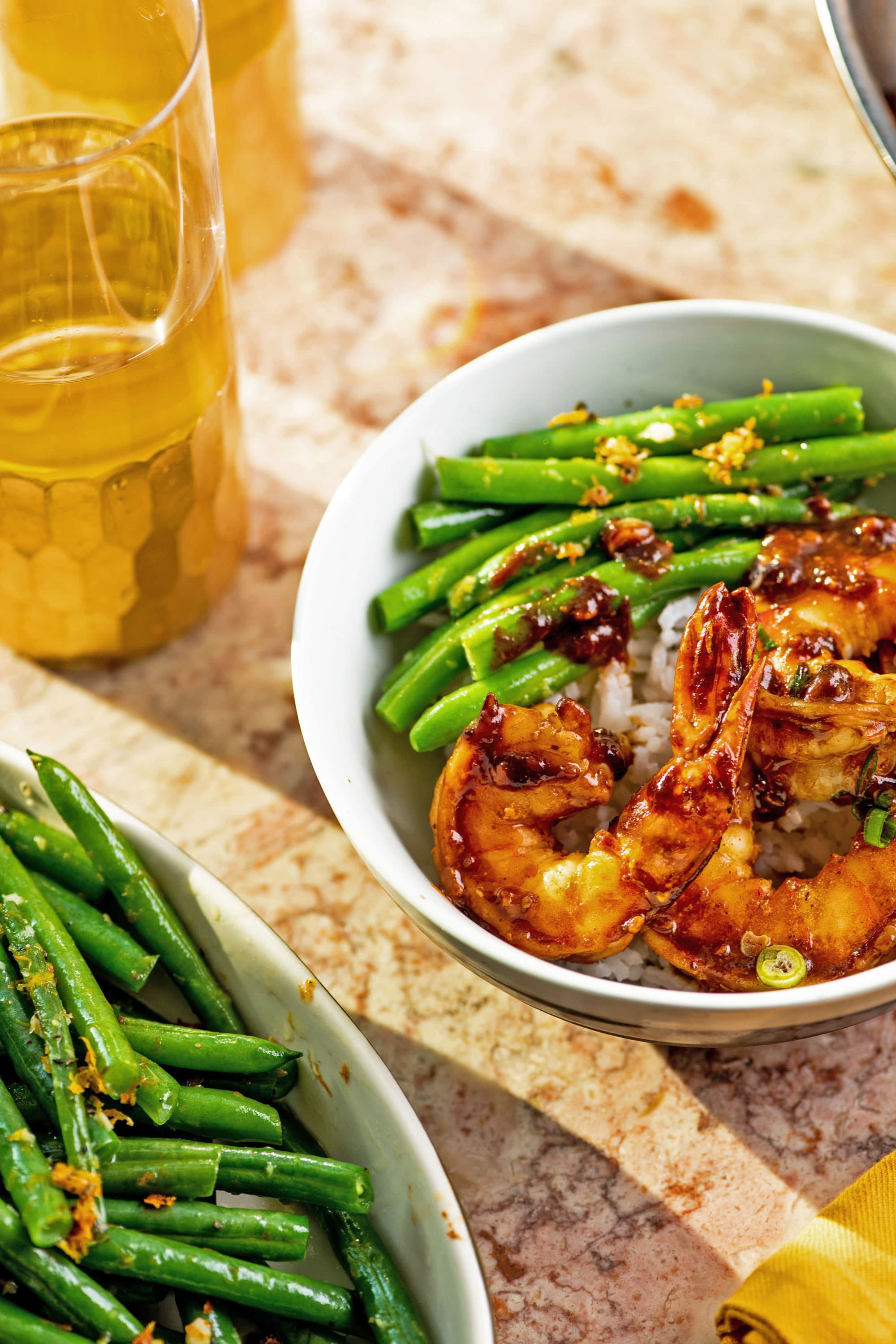 Hoisin Shrimp in a bowl with Thai green beans and rice.