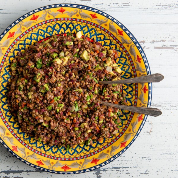 Two spoons in a colorful bowl of Lentil, Red Onion and Avocado Salad.